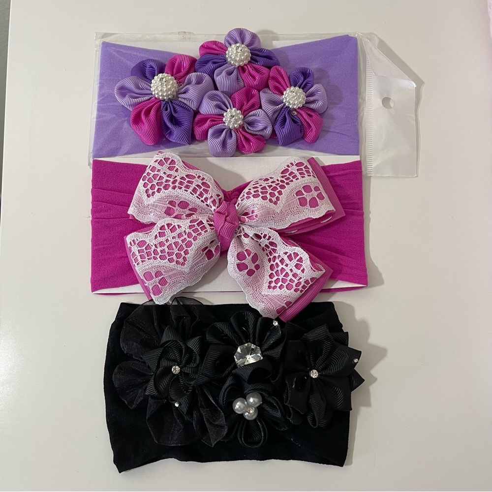 Baby Girl Flower and Bow Headbands, set of 3